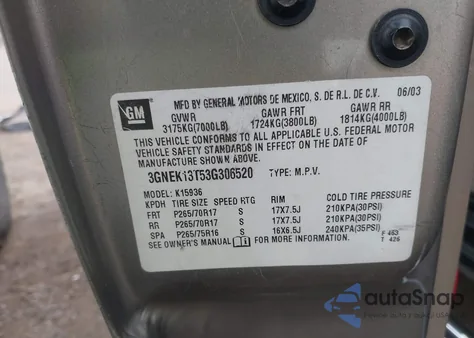 2003 Chevrolet Avalanche 1500 из США, поврежденный, VIN 3GNEK13T53G306520